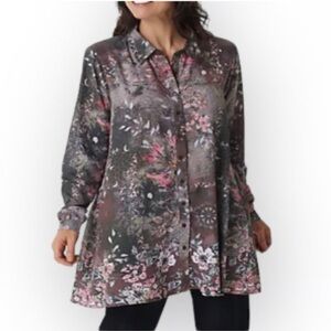 Tolani 100% Silk Floral Tunic‎ Button Front + Pockets Long Sleeve Sz 1X